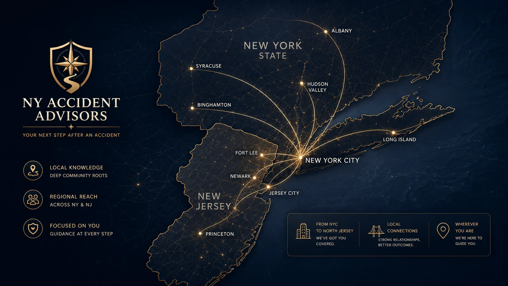 NY Accident Advisors NY and NJ accident coverage map showing service areas across New York City Long Island North Jersey and statewide New York and New Jersey